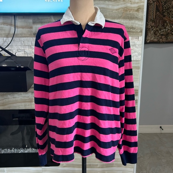 Ovadia & Sons Pink Black Rugby Polo Long Sleeve Shirt. Size M